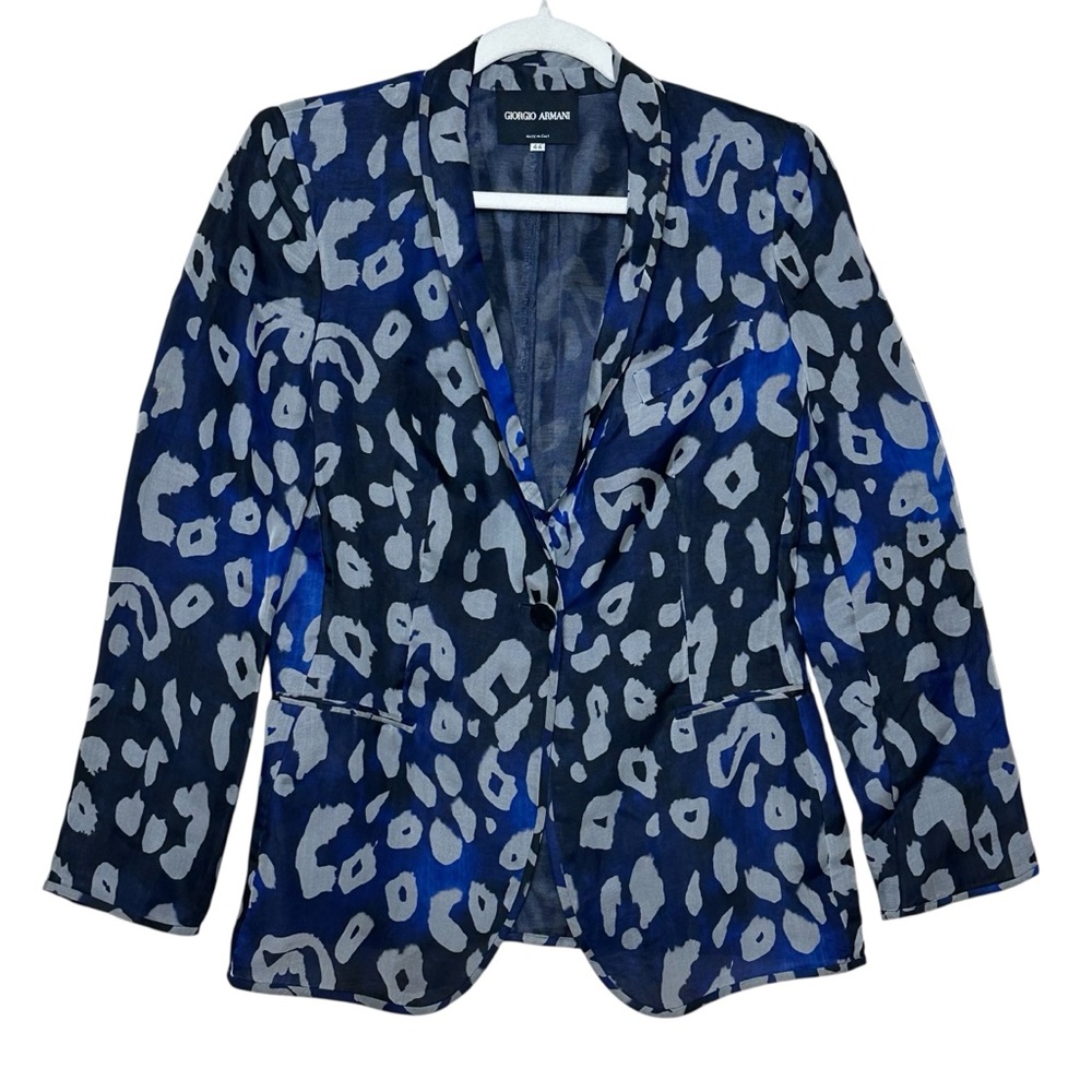 Giorgio Armani IT 44 M Black Label Silk Jacket Animal Print Blue Navy Gray Edgy